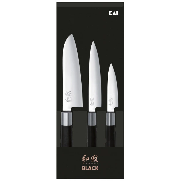 Coffret 3 Couteaux Japonais Universel 10 Cm Universel 15 Cm Et Santoku 16,5 Cm Wasabi Black Kai